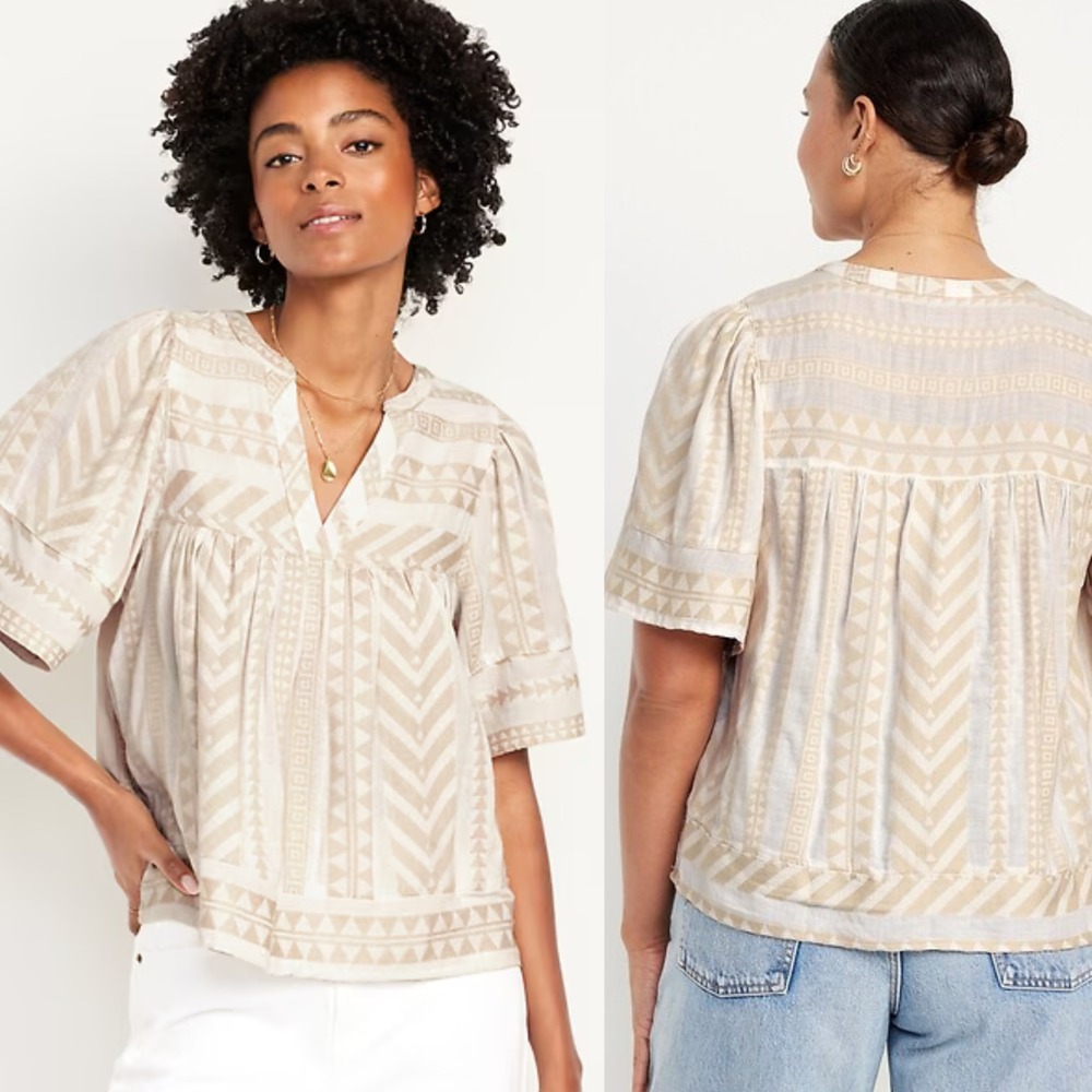 Old Navy Split V-Neck Textured Top Plus Size 2X Beige White Jacquard Boho Hippie